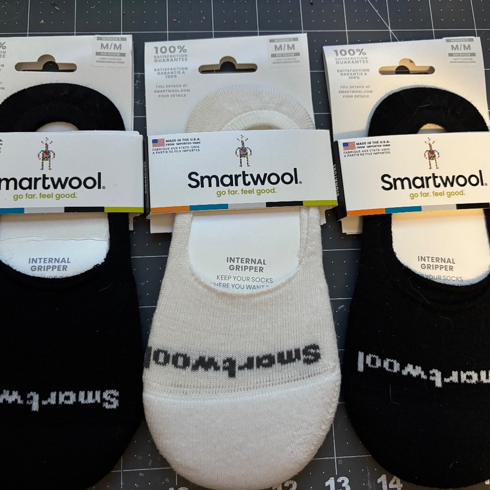Smartwool No Show woman's socks, 2 pair black, one white.  Size M.